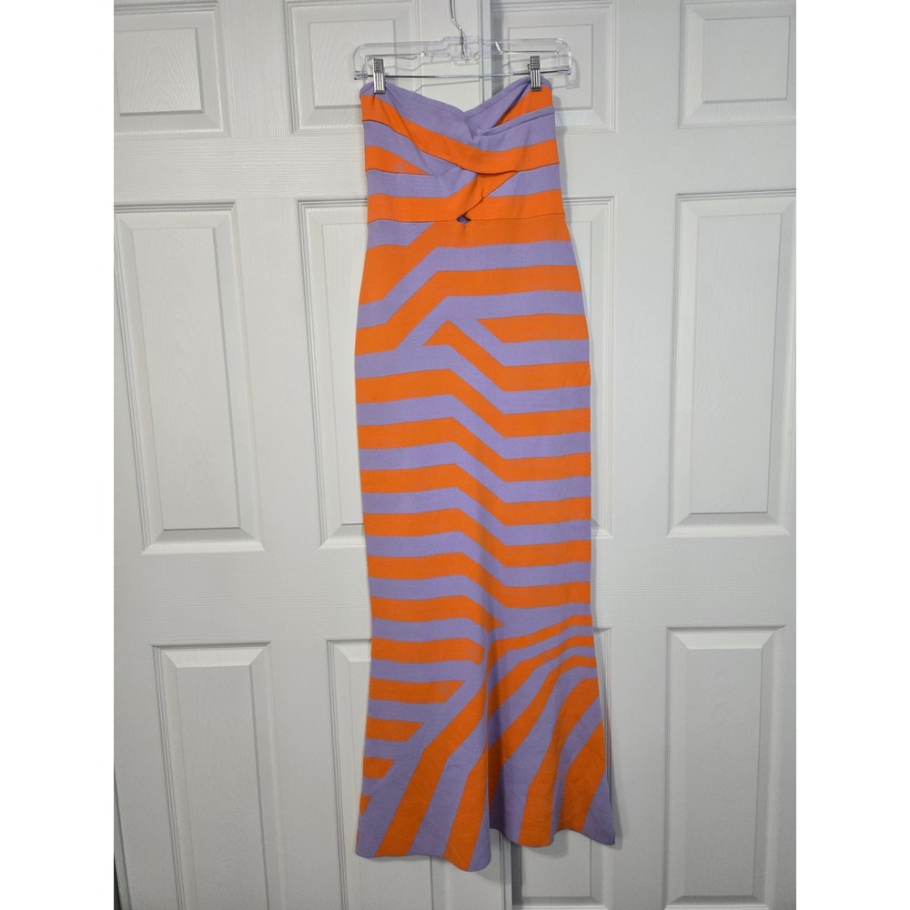 The Wolf Gang Aude Maxi Dress Orange Purple Geometric Stripe Cutout Bodycon L